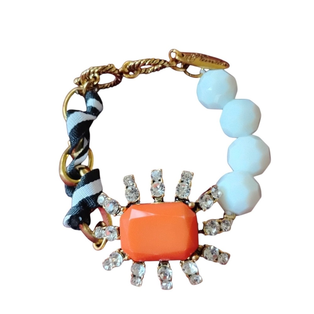 Plunder Design Orange Stone Rhinestone Bracelet Striped Ribbon White Bead Gold